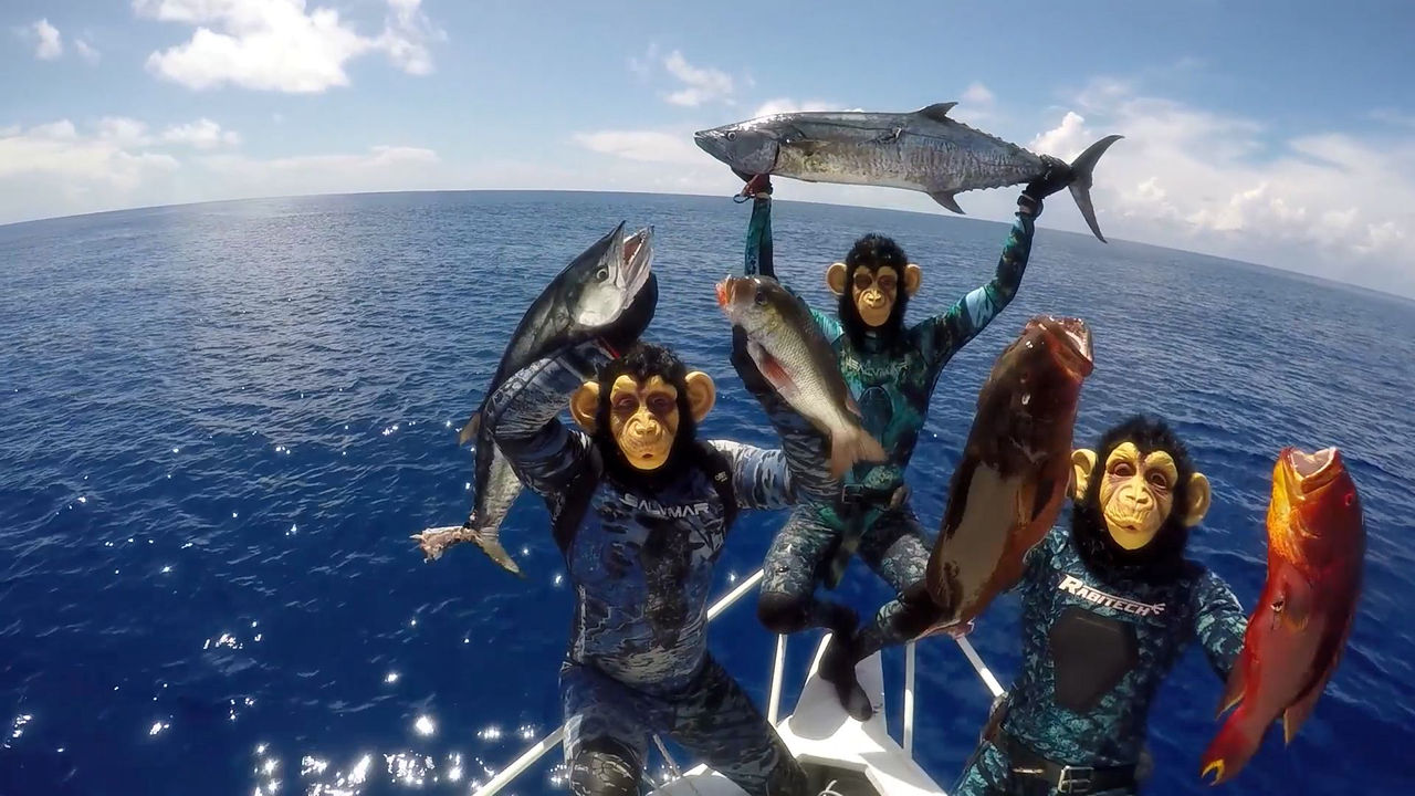 Salty Monkeys on a boat holding fish